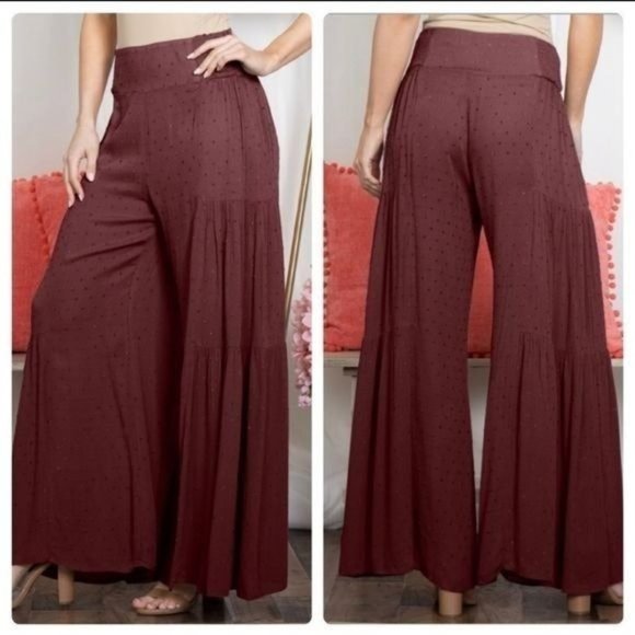 No brand / Not sure Pants - 🧡6/$25🧡DARK PLUM HIGH WAIST SWISS DOT PALAZZO PANTS-NEW